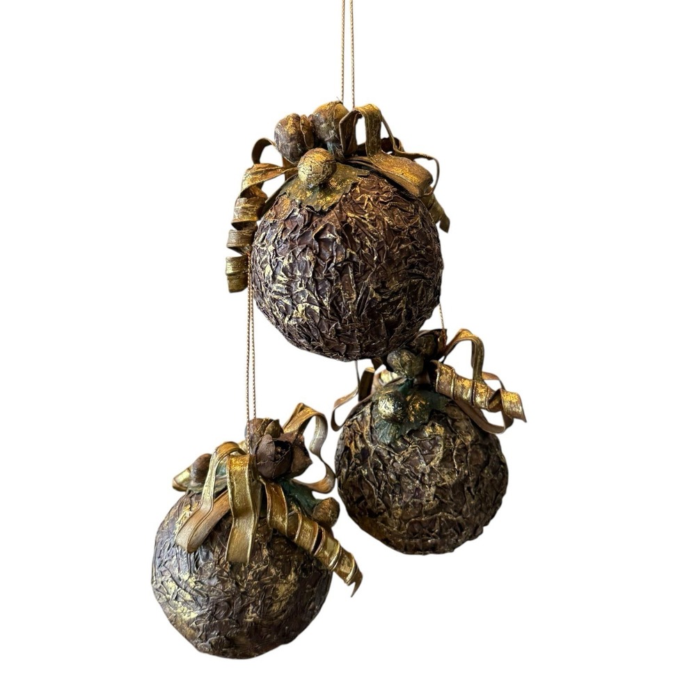 3 - Vtg Textured Metallic‎ Gold Christmas Ornaments Ball 3" Metallic Ribbon EUC